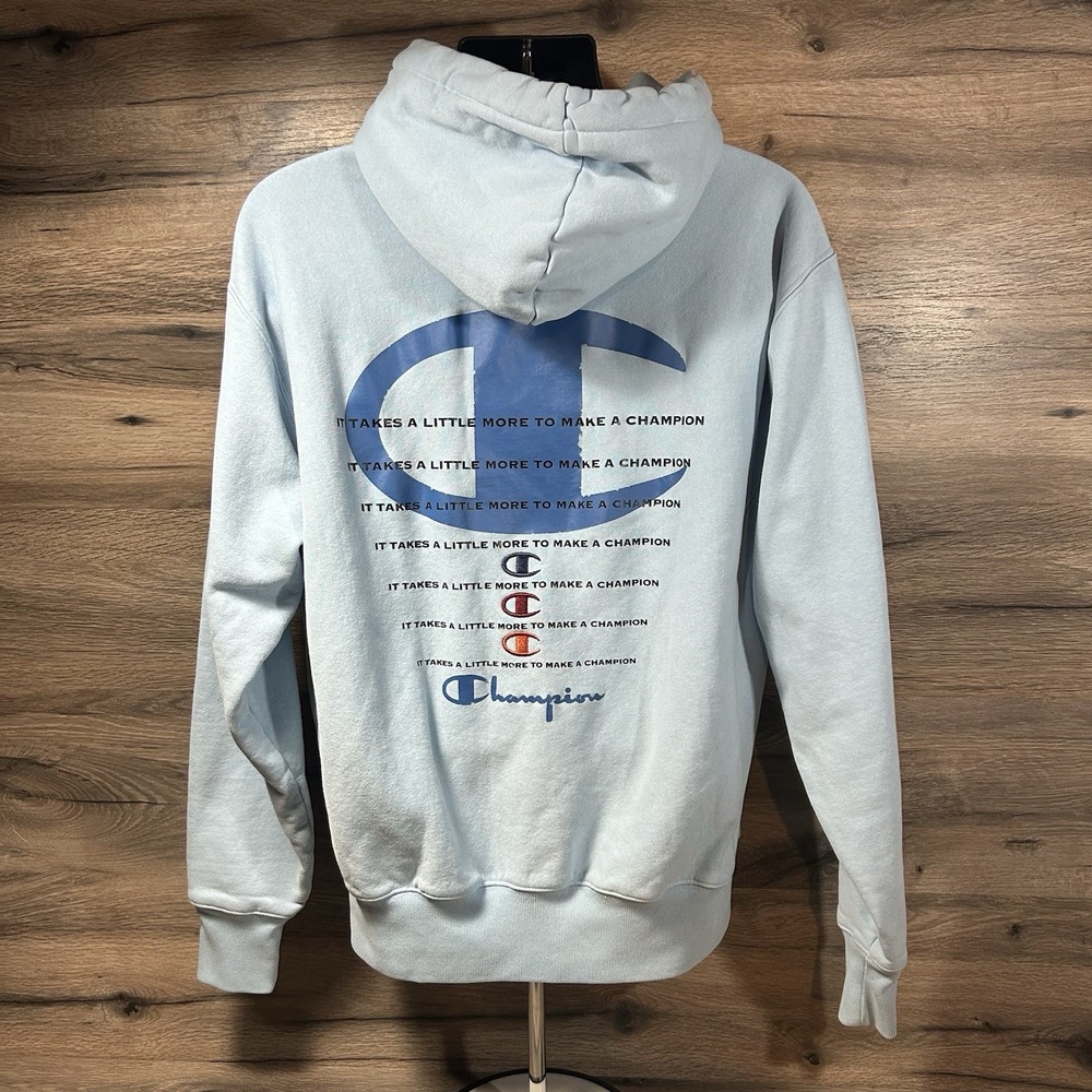 Champion Reverse Weave Triple Script Logo Pullover Hoodie Large Light Blue - Picture 4 of 8